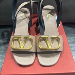 Valentino Women's Beige and Black Heels with Gold Logo